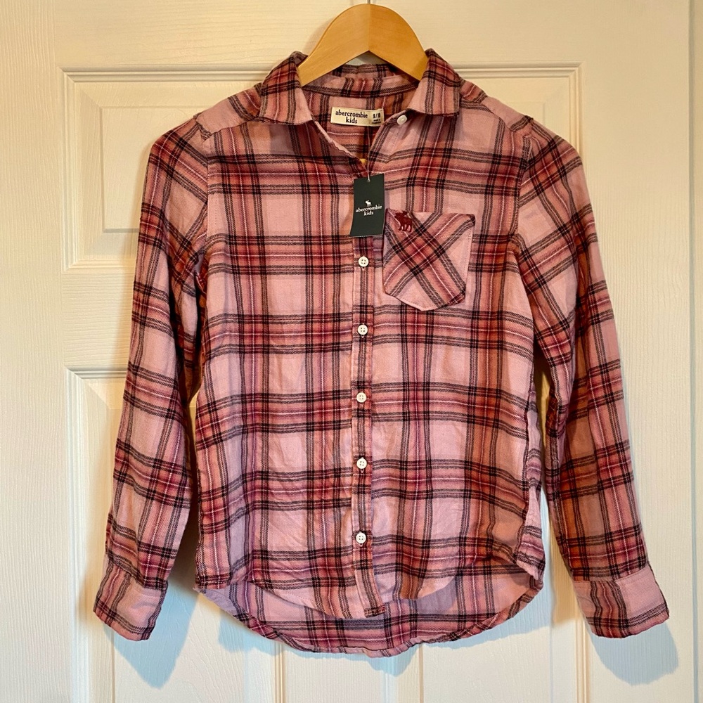 Abercrombie & Fitch Kids Pink and Black Plaid Flannel Shirt Size 9/10 NWT